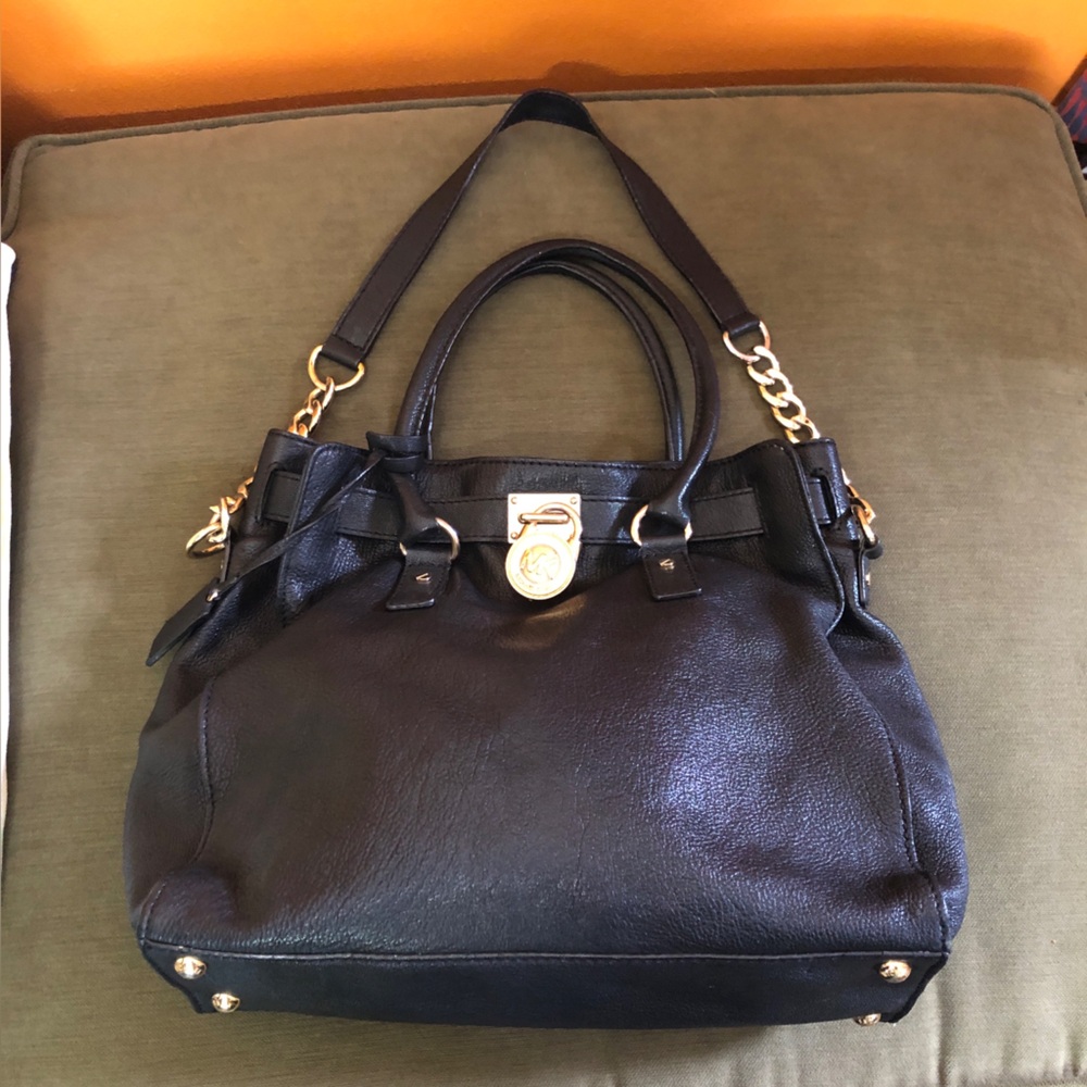 Michael Kors Black Leather Satchel Handbag with Gold Hardware and Chain Strap